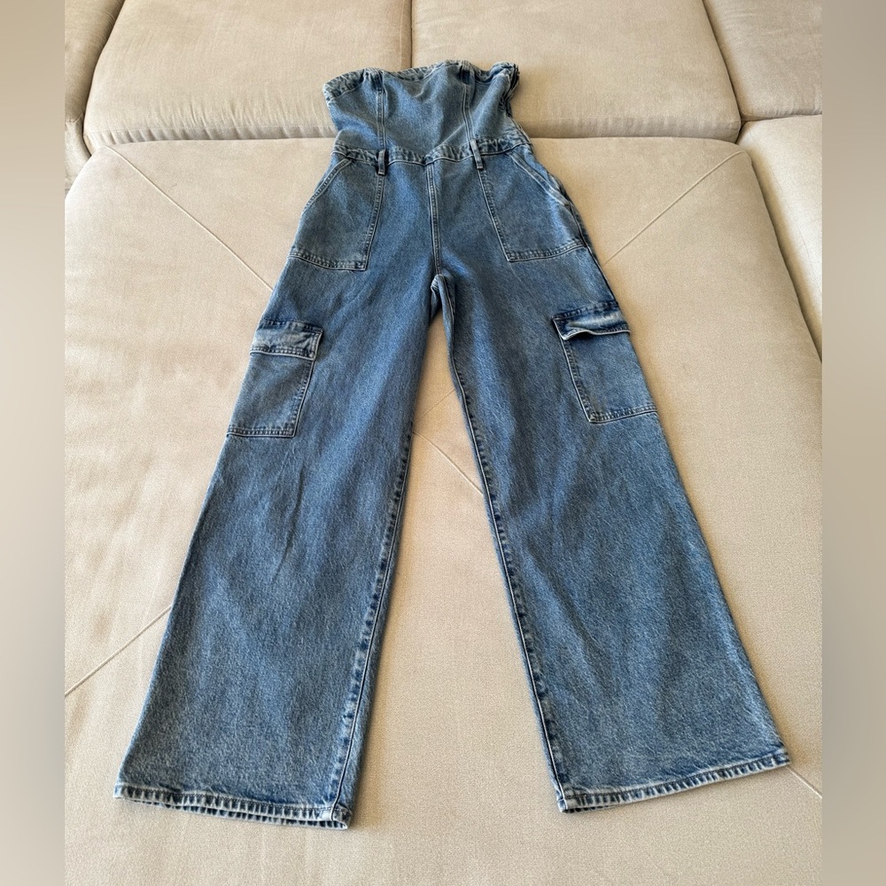 Express Blue Denim Strapless Wide leg Jumpsuit